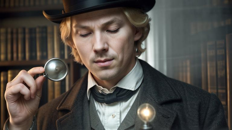 Prompt: man holding magnifying glass, one eye closed, sherlock holmes, 19th century, library exterior, misty, mystic ambiance, detective hat, vicorian era, looking through magnifying glass,  blond hair, eye in magnifying glass, mangifying glass, detective, 
