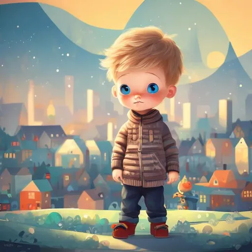 Prompt: 2 year old boy with blue eyes, nordic blond hair. Small, cozy city in background. Style of childrens book
