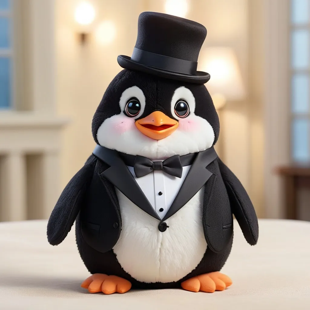 Prompt: A cute penguin with small, round eyes, a chubby body, and a fluffy texture, designed to look like a Jellycat-style stuffed animal. Dressed in a smart suit with a tuxedo and hat.