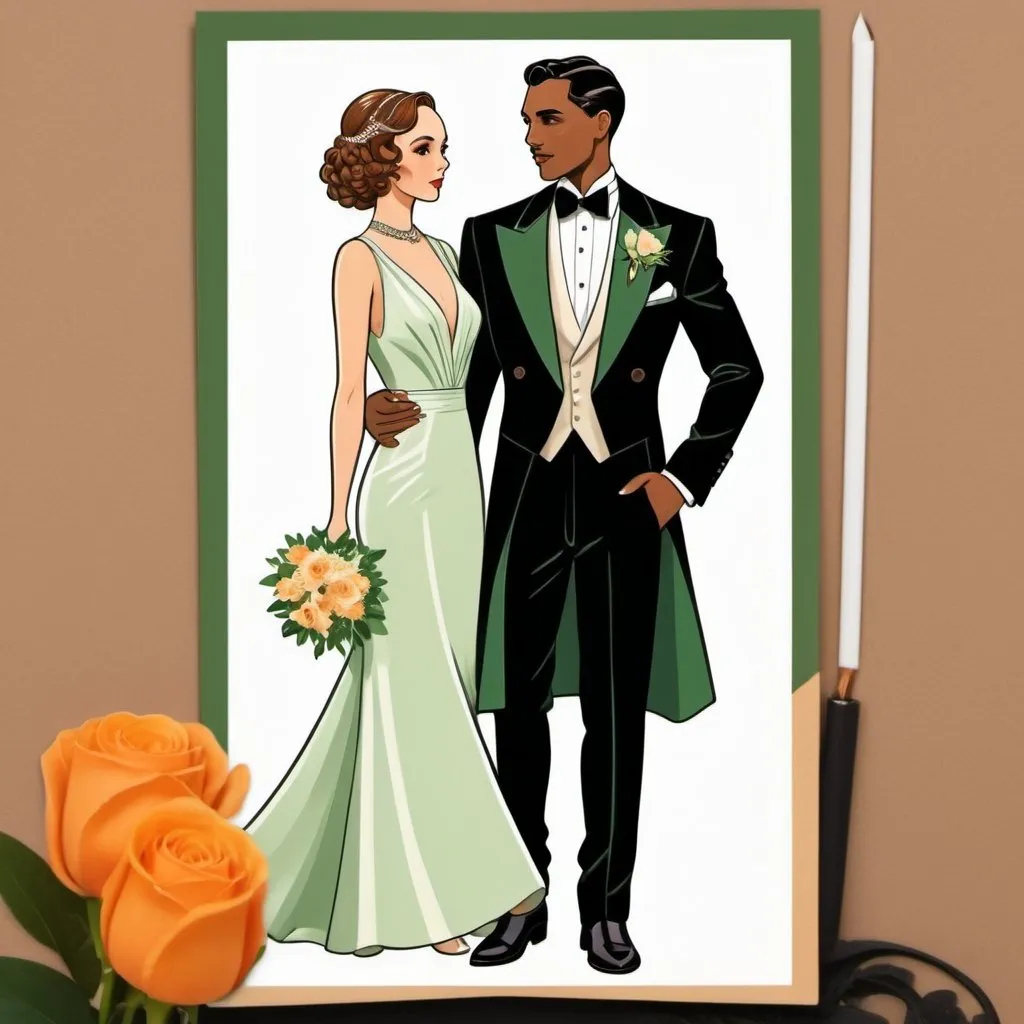 Prompt: Vintage Art Deco style wedding poster. lighter Brown skin colour for the groom, groom wearing a green dinner jacket and black tuexdo pants, bride with the skin tone of jodie comer with brunette hair. No background or foreground elements. Reduce specific facial features to make them more vintage in style or less identifying


