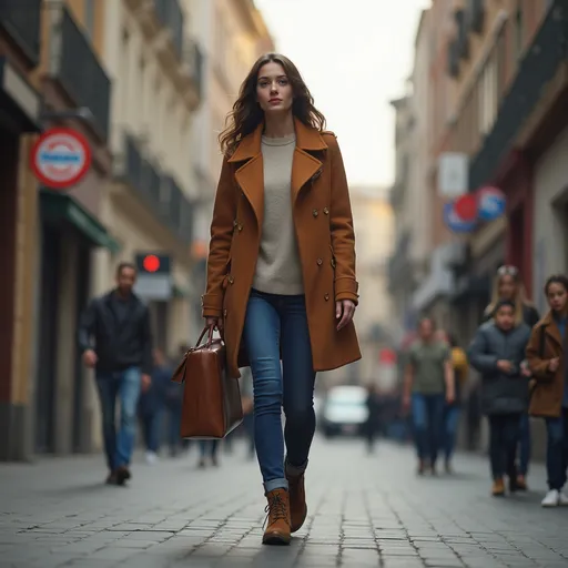 Prompt: Tall young woman walking down the high street, detailed clothing, realistic, natural lighting, office