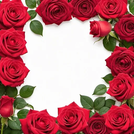 Prompt: Frame of luxurious red roses in full bloom, with soft petals and green leaves, cut out