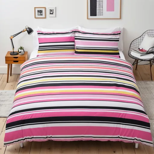 Prompt: A very busy colourful duvet cover with pink, black and white horizontal and vertical lines