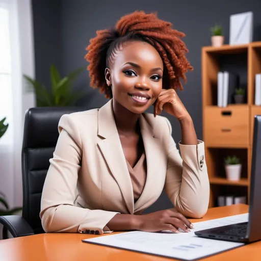 Prompt: cute African boss lady in a comfortable cute office