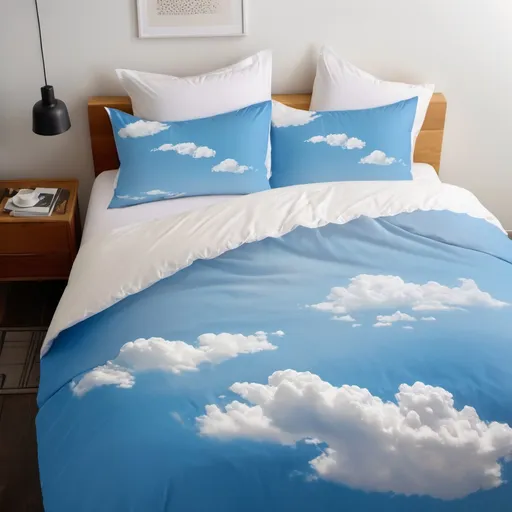 Prompt: A duvet cover with blue sky and white clouds