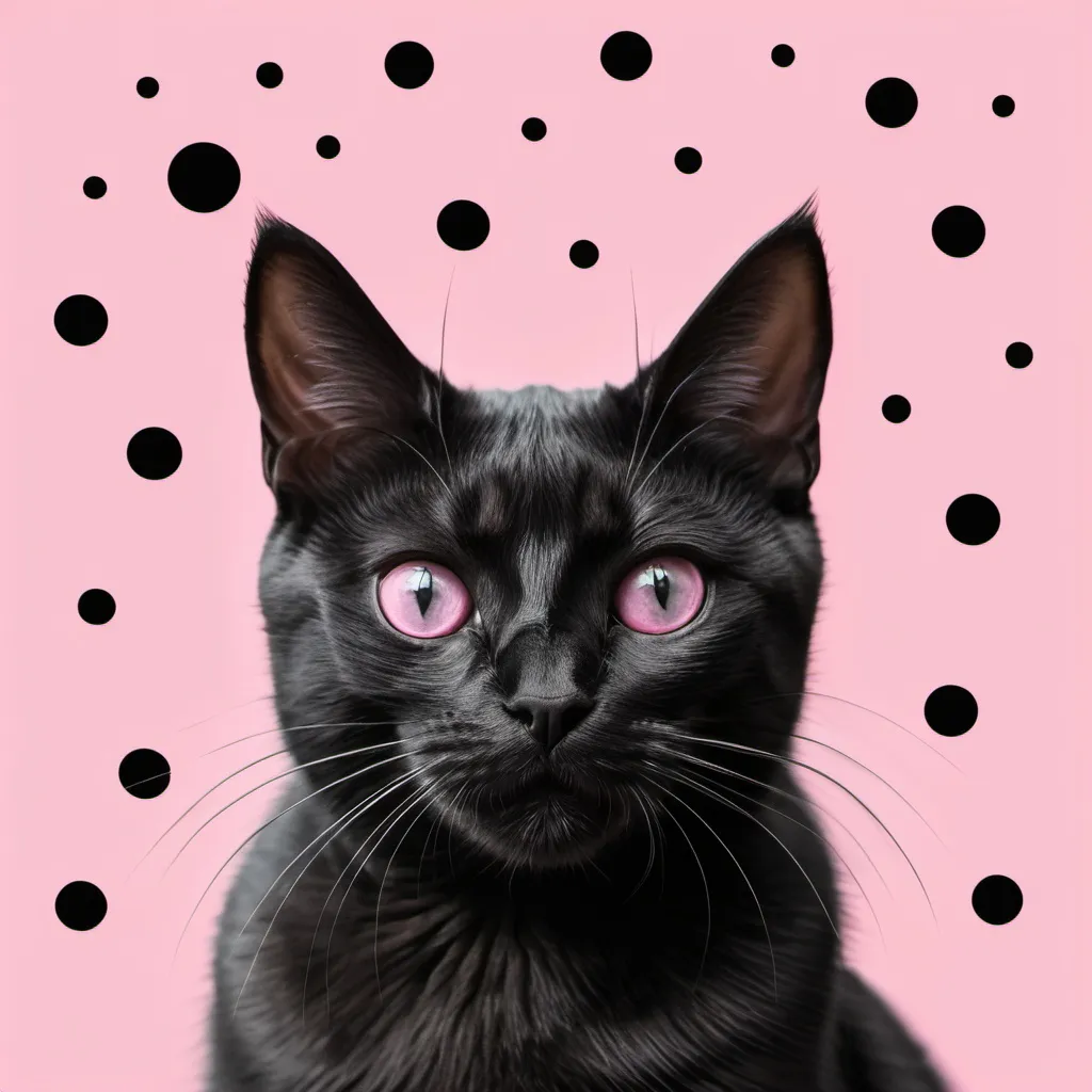 Prompt: Plain pink background with few big grey and black dots and a black cat in the middle