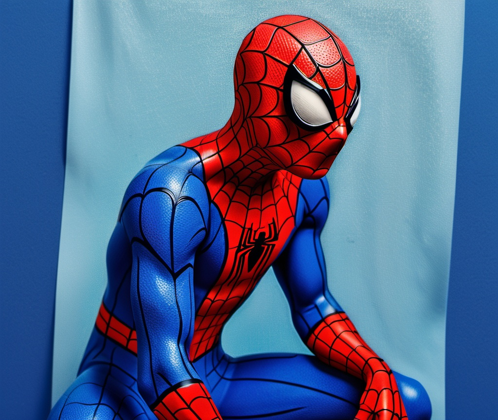 Prompt: A medium textured portrait of a Spiderman in a sheet with blue background 

