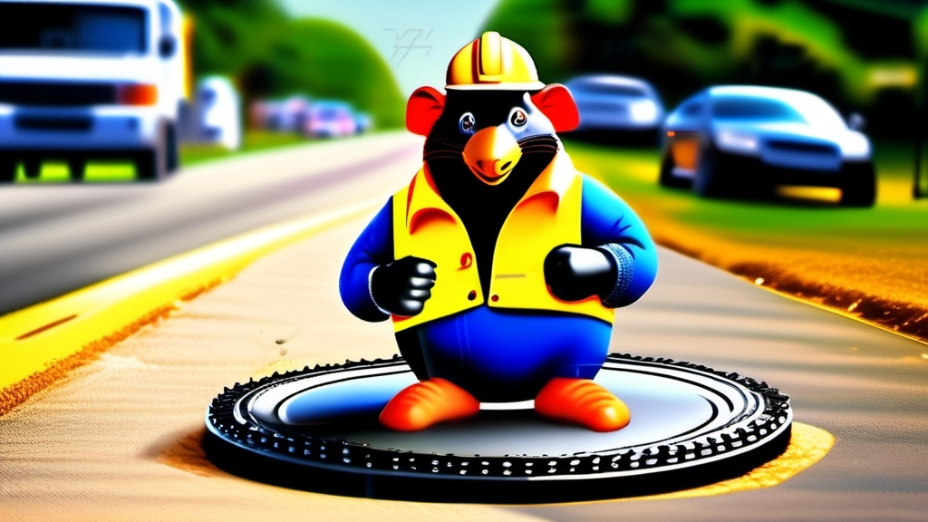 Prompt: animal mole joyful Smiling adult holding heavy round manhole cover of large diameter in hand, yellow helmet on head, "bashpolymer" nadris on helmet, dressed in racing sports suit, installs cover on well on bead road, cars and repair crew are standing in the distance behind, realistic, beauty, light, life, energy, professional photo, high resolution, high detail, 70 mm lens, 1/250s, f/2.8, ISO 102400, HDR+