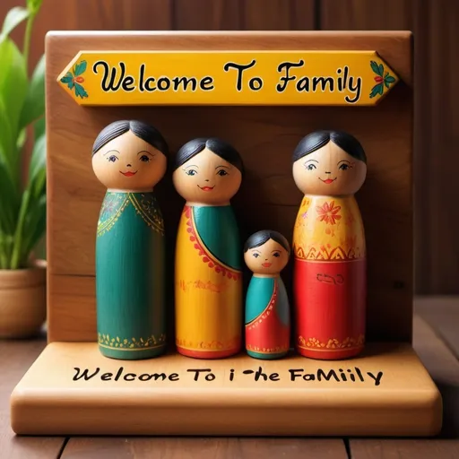 Prompt: Nameboard with three wooden peg dolls of family, wooden home structures, Vibrant colors, Cheerful atmosphere, Cozy and welcoming, Detailed and personalized, Background featuring a wooden texture with carvings, Accurately spelled text “Welcome to the Mona family est. 2014” “Naveen” “Mounika” “Ayaansh” in elegant fonts, Arranged in a visually appealing manner, Warm lighting, Ultra-detailed, HD.