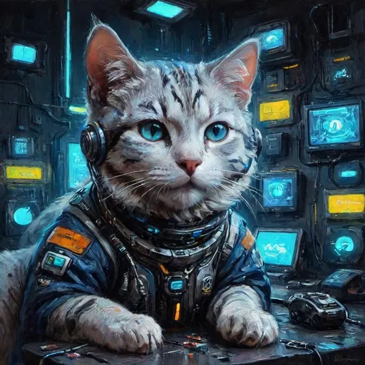 Prompt: gambar kucing futuristik dalam lingkungan cyberspace. Kucing tersebut memiliki bulu logam berkilau dengan mata biru bercahaya dan sirkuit yang mengalir melalui tubuhnya, berdiri di atas platform digital dengan nuansa neon dan suasana cyberpunk