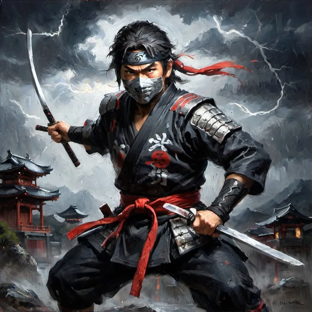 Prompt: "A fierce ninja named Joe Musashi from Shinobi III, in full action stance. He is dressed in a sleek, traditional shinobi outfit, with a mask covering half his face. His outfit is dark with silver armor details and a red scarf flowing behind him. He holds a katana with one hand, while the other hand is ready to throw a shuriken. The background features a stormy night with lightning striking, adding intensity to the scene. The setting blends traditional Japanese elements with an urban, futuristic tone, reflecting his deadly agility and mastery of ninjutsu."