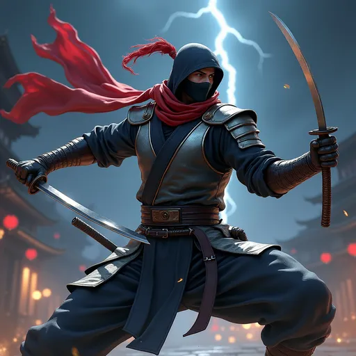 Prompt: "A fierce ninja named Joe Musashi from Shinobi III, in full action stance. He is dressed in a sleek, traditional shinobi outfit, with a mask covering half his face. His outfit is dark with silver armor details and a red scarf flowing behind him. He holds a katana with one hand, while the other hand is ready to throw a shuriken. The background features a stormy night with lightning striking, adding intensity to the scene. The setting blends traditional Japanese elements with an urban, futuristic tone, reflecting his deadly agility and mastery of ninjutsu."