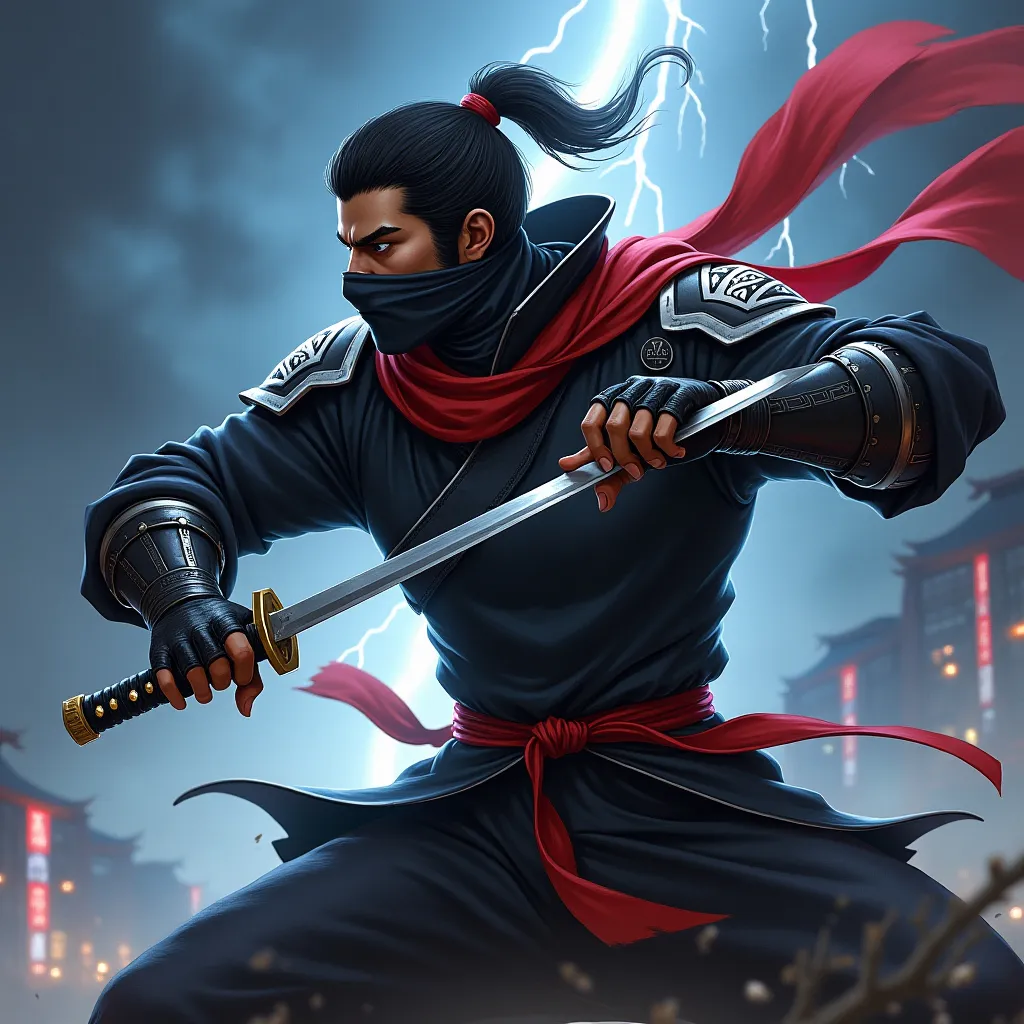 Prompt: "A fierce ninja named Joe Musashi from Shinobi III, in full action stance. He is dressed in a sleek, traditional shinobi outfit, with a mask covering half his face. His outfit is dark with silver armor details and a red scarf flowing behind him. He holds a katana with one hand, while the other hand is ready to throw a shuriken. The background features a stormy night with lightning striking, adding intensity to the scene. The setting blends traditional Japanese elements with an urban, futuristic tone, reflecting his deadly agility and mastery of ninjutsu."