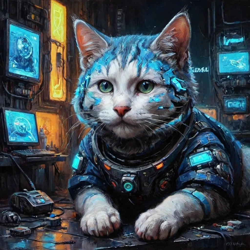 Prompt: gambar kucing futuristik dalam lingkungan cyberspace. Kucing tersebut memiliki bulu logam berkilau dengan mata biru bercahaya dan sirkuit yang mengalir melalui tubuhnya, berdiri di atas platform digital dengan nuansa neon dan suasana cyberpunk