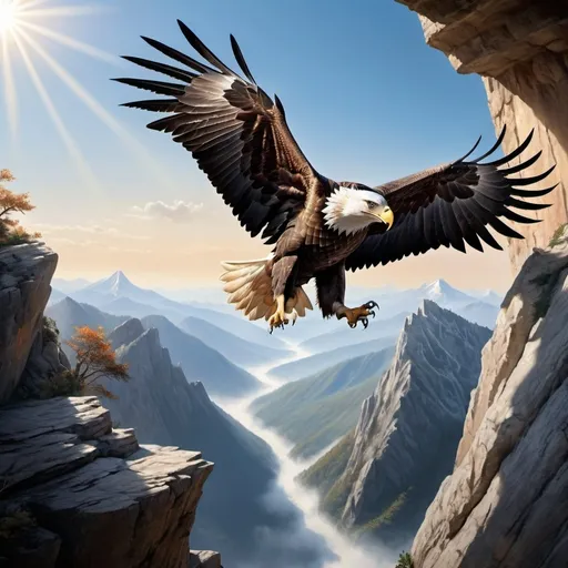 Prompt: Hyper realistic eagle flying on the ledge of a mountain, there is an opening in the mountain behind the dragon where he sleeps, blue sky with sun rays shining 