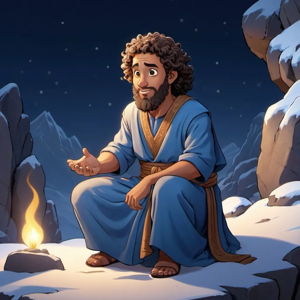 Prompt: Animated cartoon of Moses, a Middle-Eastern male with curly hair, wearing a simple blue tunic, kneeling on a rocky ledge during winter, with a calm expression, surrounded by glowing torchlight that casts soft light on the snow-covered rocks around him.