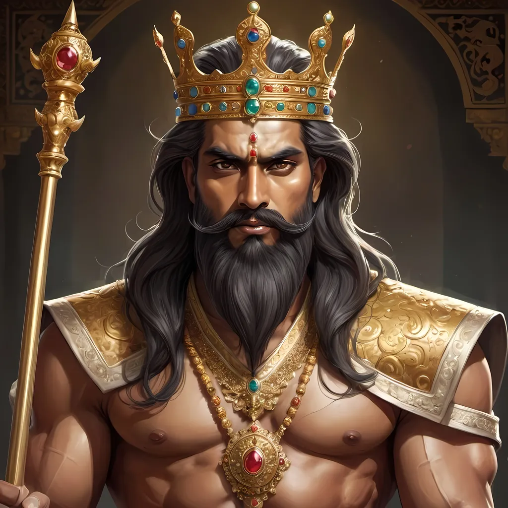 Prompt: Prompt: "Create an image of King Karun, a mythical figure, depicted as an imposing and powerful ruler. He has a tall and muscular physique, with broad shoulders and a regal posture. His face is stern yet noble, with deep-set, piercing eyes that radiate wisdom and authority. He has a thick, well-groomed beard and long, flowing hair that adds to his majestic appearance. King Karun wears a grand, intricately designed golden crown encrusted with precious gems. His royal robes are made of rich, dark fabrics with elaborate embroidery, and he holds a large, ornate scepter in one hand, symbolizing his dominance and wealth."