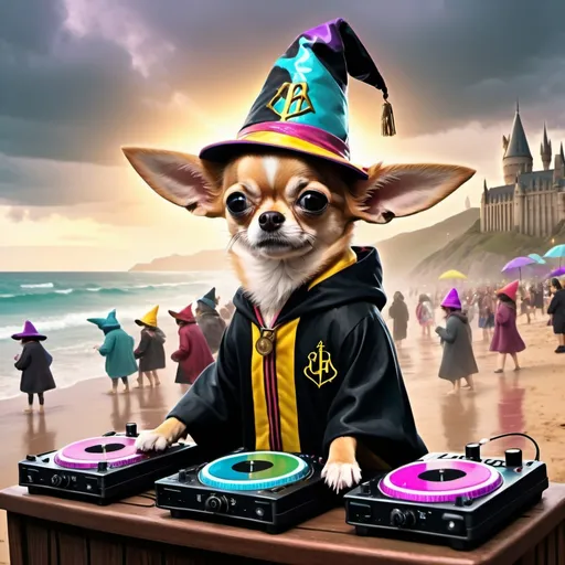 Prompt: Harry Potter DJing at beach, rainy day, chihuahua crowd, magical setting, high quality, digital art, whimsical, vibrant color palette, mystical lighting, detailed wizard attire, wizarding world, DJ setup, beach landscape, cute chihuahuas, magical rain, wizard hat, enchanting atmosphere
