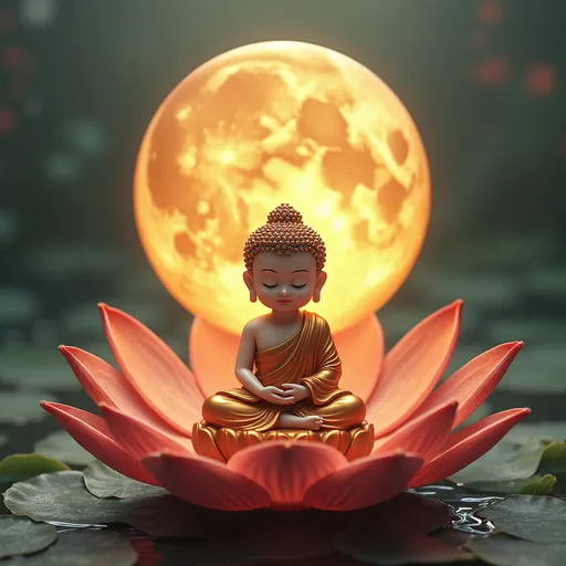 Prompt: Make a  opened lotus flower . On the opened lotus flower is a moon disc. On the moon disc that is on the opened lotus flower is a baby Buddha siting in meditation. Behind him put a "Buddhist Gelupa refuge field" from internet