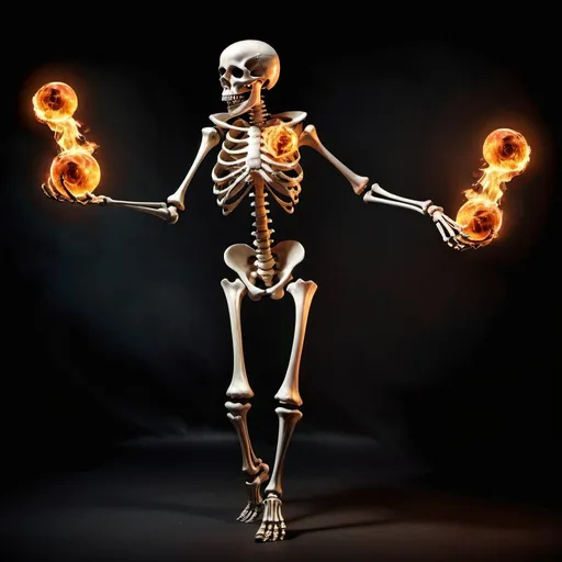 Prompt: skeleton juggler, transparent background, full body shot, high heel shoes, juggling fireballs, detailed bones, fiery atmosphere, professional quality, realistic details, dark and eerie lighting