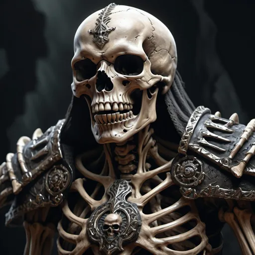 Prompt: Hyper realistic, angry skeleton warrior, intricate bone details, menacing glare, high contrast, dark and moody, hyper-realistic, digital painting, dark tones, dramatic lighting, high definition, intense, intricate, detailed, fierce, warrior, loin cloth
