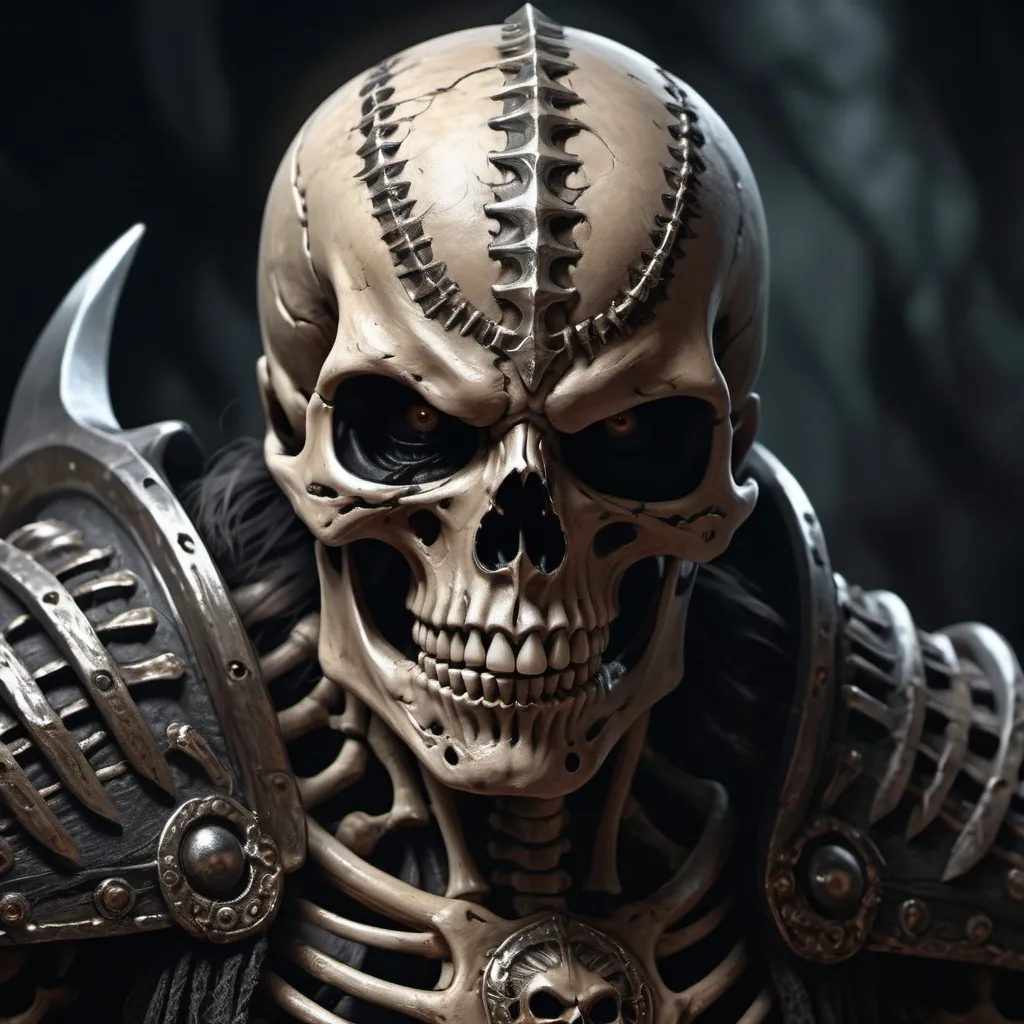 Prompt: Hyper realistic, angry skeleton warrior, intricate bone details, menacing glare, high contrast, dark and moody, hyper-realistic, digital painting, dark tones, dramatic lighting, high definition, intense, intricate, detailed, fierce, warrior, loin cloth