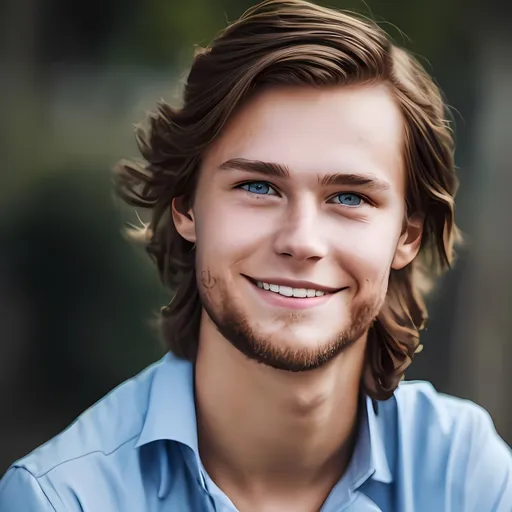 Prompt: A headshot of a young, stunningly handsome Swedish man with brown hair, blue eyes, a bright smile, and a full beard