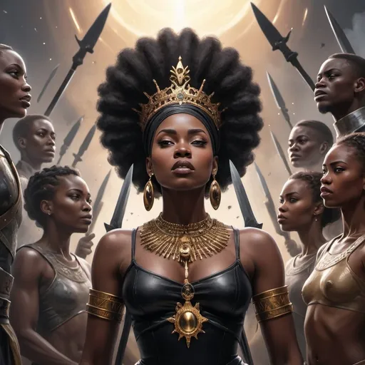 Prompt: beautiful  black queen looking  up to God while her enemies encircle her with weapon try to attack her. 