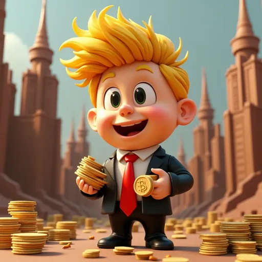 Prompt: Corporate mascot cartoon of a golden-haired business tycoon with impossible hair physics, wearing a red tie longer than his body, tiny hands clutching stacks of 'Exposure Bucks' fake currency, standing before a renowned Tower-inspired building that's clearly made of chocolate, Pixar-rendered, satirical commentary on modern capitalism, 8K detailed