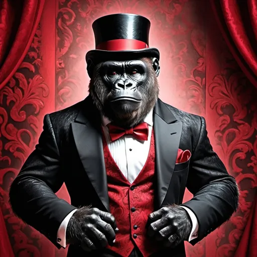 Prompt: Red (vibrant) gorilla, wearing a (stylish) black tophat and elegant tuxedo, striking a playful pose, dramatic lighting highlighting intricate textures of fur, sophisticated ambiance, (bold) contrasts between red and black, richly detailed background with a blurred classy ballroom setting, ultra-detailed, highly realistic depiction, perfect for a whimsical yet classy theme.