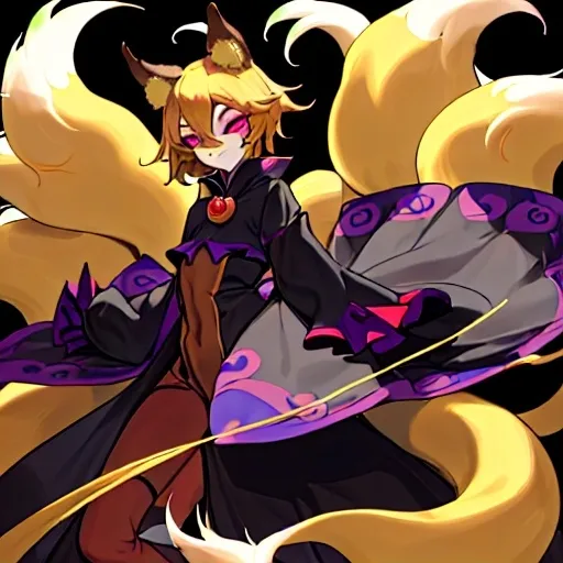 Prompt: wears a jester mask hiding my face,short small 5 6,very feminine body,has kitsune ears and 9 tails,I have purple gauntlets on both my hands,i have a long black coat,hazel eyes,blonde hair