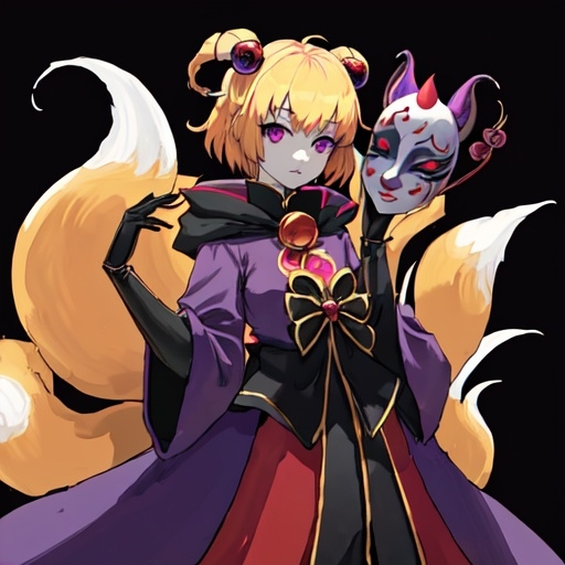 Prompt: wears a jester mask hiding my face,short small 5 6,very feminine body,has kitsune ears and 9 tails,I have purple gauntlets on both my hands,i have a long black coat,hazel eyes,blonde hair