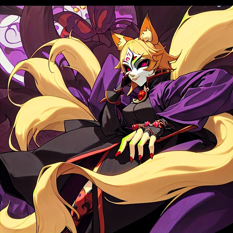 Prompt: wears a jester mask hiding my face,short small 5 6,very feminine body,has kitsune ears and 9 tails,I have purple gauntlets on both my hands,i have a long black coat,hazel eyes,blonde hair