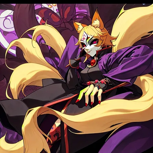 Prompt: wears a jester mask hiding my face,short small 5 6,very feminine body,has kitsune ears and 9 tails,I have purple gauntlets on both my hands,i have a long black coat,hazel eyes,blonde hair