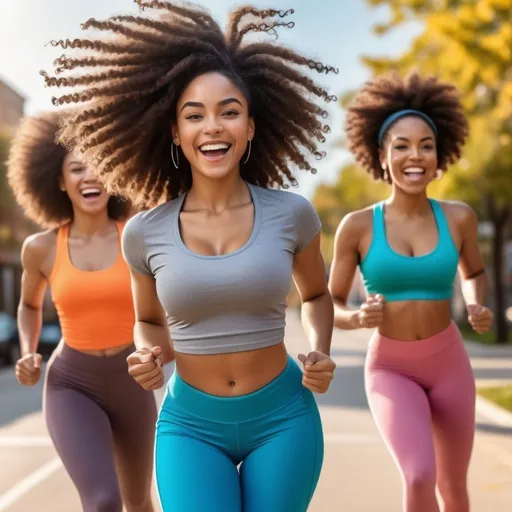 Prompt: Black women happily exercising with natural hair, vibrant and energetic, high quality, realistic, vivid colors, active lifestyle, natural beauty, detailed curls, joyful expressions, diverse body types, athletic wear, outdoor setting, sunny and bright lighting, realistic, diverse, energetic, detailed natural hair, vibrant colors, active lifestyle, joyful expressions