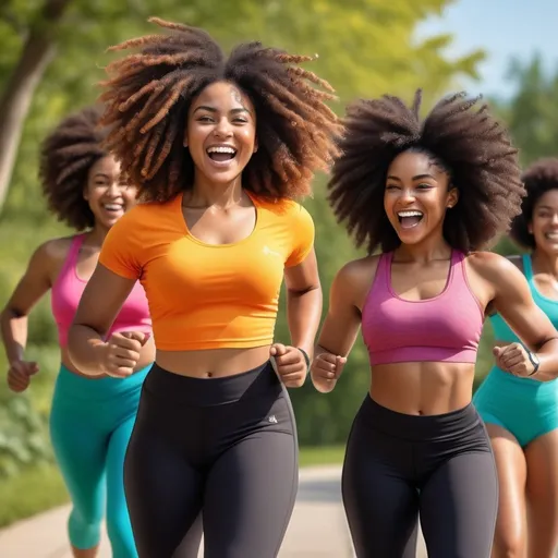 Prompt: Black women happily exercising with natural hair, vibrant and energetic, high quality, realistic, vivid colors, active lifestyle, natural beauty, detailed curls, joyful expressions, diverse body types, athletic wear, outdoor setting, sunny and bright lighting, realistic, diverse, energetic, detailed natural hair, vibrant colors, active lifestyle, joyful expressions