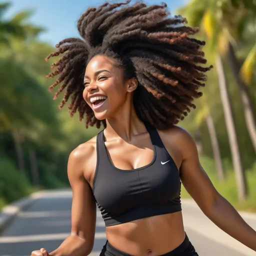 Prompt: Black women happily exercising with natural hair, vibrant and energetic, high quality, realistic, vivid colors, active lifestyle, natural beauty, twisted hair style, joyful expressions, large realistic body types, dark skin, athletic wear, outdoor setting, sunny and bright lighting, realistic, diverse, energetic, detailed natural hair, vibrant colors, active lifestyle, joyful expressions