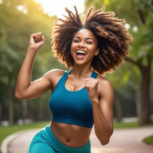 Prompt: Black women happily exercising with natural hair, vibrant and energetic, high quality, realistic, vivid colors, active lifestyle, natural beauty, twisted hair style, joyful expressions, large realistic body types, dark skin, athletic wear, outdoor setting, sunny and bright lighting, realistic, diverse, energetic, detailed natural hair, vibrant colors, active lifestyle, joyful expressions