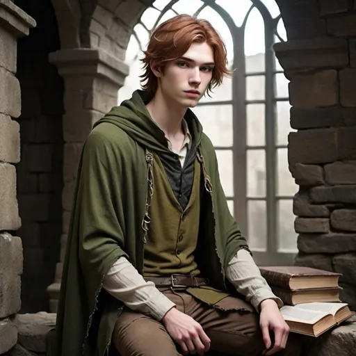 Prompt: Age: 22
Gender:male
Height: 5'9"
Build: Slender, slightly built
Skin Tone: Pale, almost ethereal
Hair: Auburn, shoulder-length, unruly
Eyes: Wide, expressive, green
Face: Delicate features, high cheekbones, smooth and unblemished complexion
Expression: Mixture of fear and determination
Clothing: Faded green tunic, brown trousers, worn-out boots, tattered cloak with frayed edges
Accessories: Small satchel filled with books and scrolls
Setting: Dimly lit, ancient dungeon with eerie shadows and stone walls
