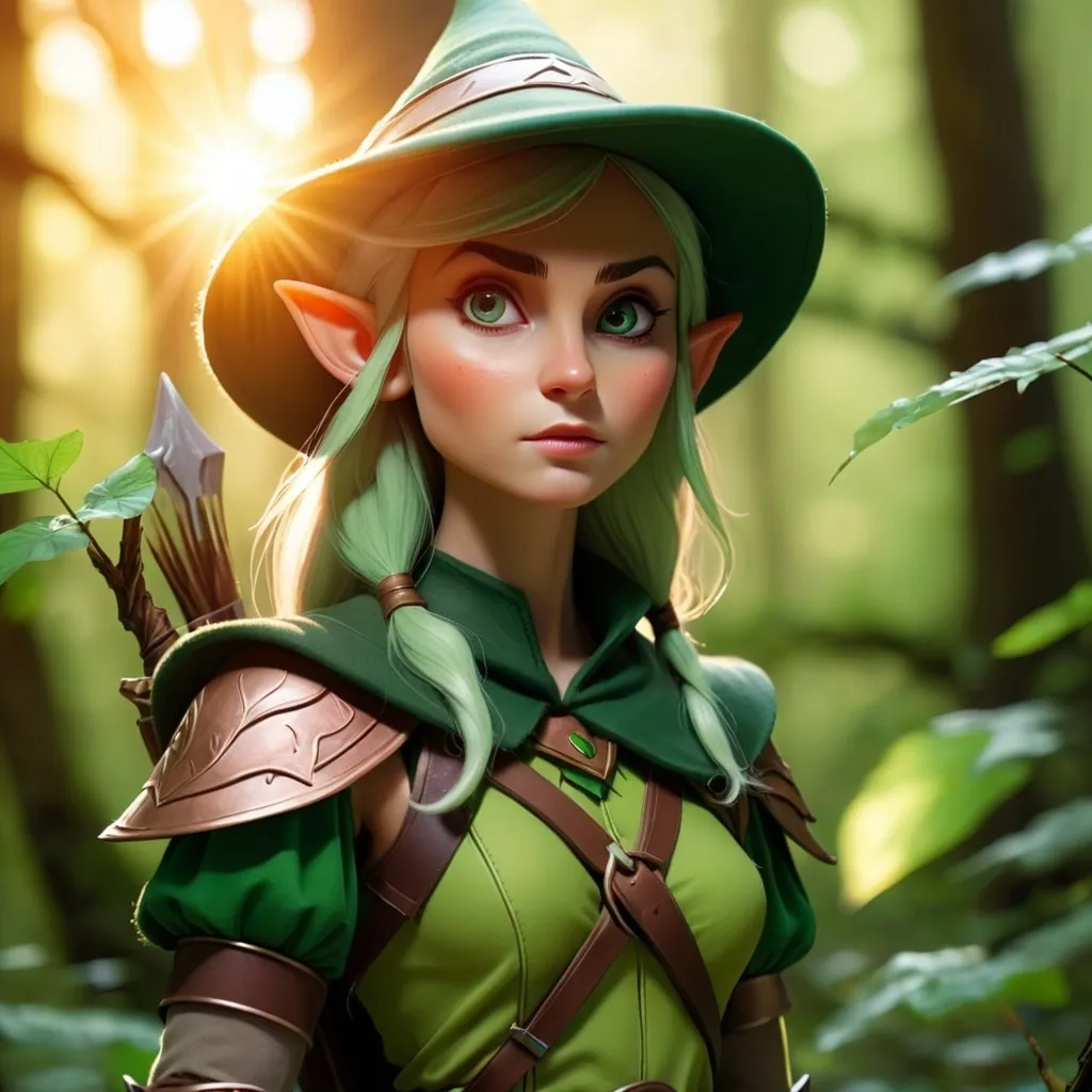 Prompt: Elf ranger in a mystical forest around sunlight