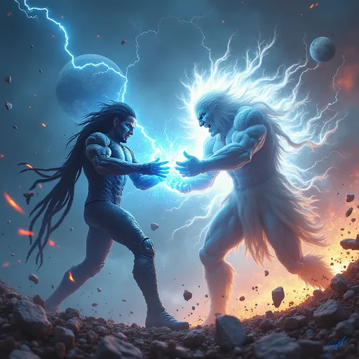 Prompt: "A powerful warrior resembling a human, wearing futuristic armor with glowing blue energy, is locked in an epic battle with the Beyonder — a cosmic being radiating with white light and immense power. They are clashing in a surreal, fragmented multiverse with floating planets, shattered galaxies, and swirling portals. Lightning crackles around them as energy blasts collide, creating explosions of color and space distortion. The scene is dynamic, cinematic, and full of motion, with intense expressions and dramatic lighting."