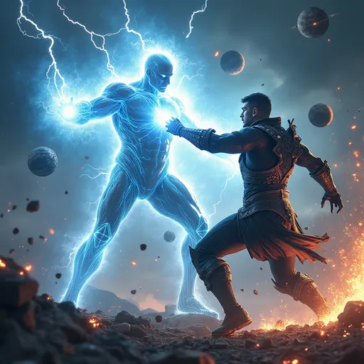 Prompt: "A powerful warrior resembling a human, wearing futuristic armor with glowing blue energy, is locked in an epic battle with the Beyonder — a cosmic being radiating with white light and immense power. They are clashing in a surreal, fragmented multiverse with floating planets, shattered galaxies, and swirling portals. Lightning crackles around them as energy blasts collide, creating explosions of color and space distortion. The scene is dynamic, cinematic, and full of motion, with intense expressions and dramatic lighting."