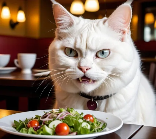 Prompt: Generate an image of a scowling white cat with its mouth open at the dinner table with a plate of salad in front of him. He is in a nice restaurant.