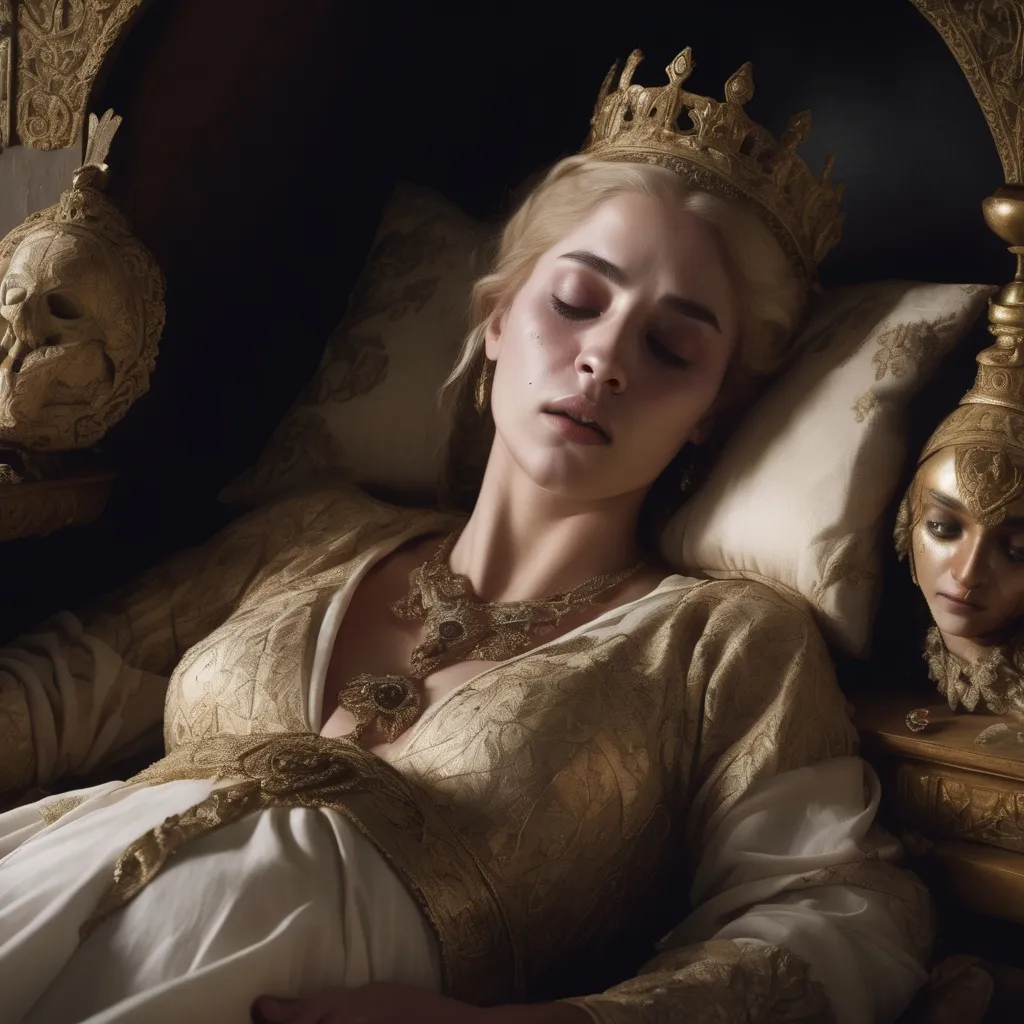Prompt: Sick dying pallid sallow blonde pregnant princess laying in coffin flat on her back, eyes closed, hands clasped over large belly, ornate funeral clothes and jewelry, detailed facial features, dramatic lighting, ancient Greek attire, intricate details, realistic, ornate bed, rich fabrics, fighting for her life, dark lighting