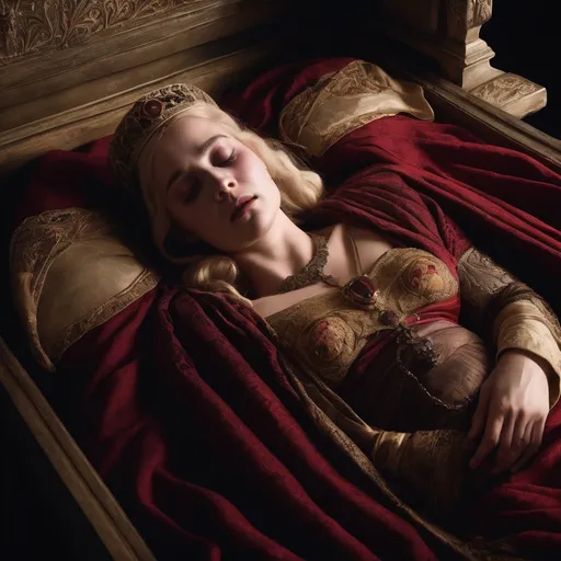 Prompt: Dead pallid sallow bloated blonde pregnant princess laying in coffin flat on her back, eyes closed, hands clasped over large belly, ornate funeral clothes and jewelry, detailed facial features, dramatic lighting, ancient Greek attire, intricate details, realistic, ornate bed, rich crimson fabrics, dark lighting