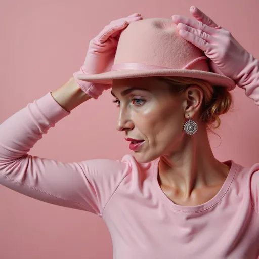 Prompt: a woman wearing a pink hat and gloves on her head and hands on her head, and a pink background, Annabel Eyres, kitsch movement, pink, a stock photo