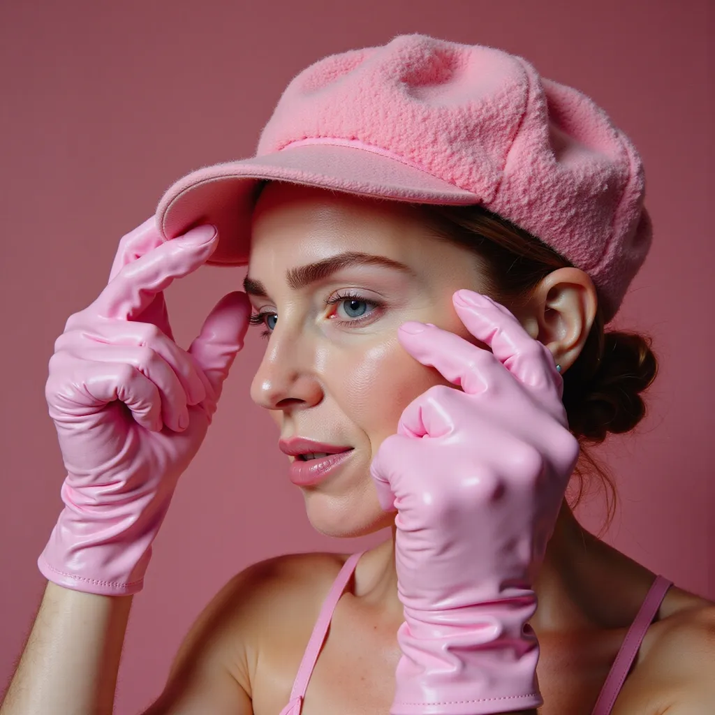 Prompt: a woman wearing pink gloves and a pink hat with a pink glove on her head and a pink glove on her hand, Constance-Anne Parker, hyperrealism, pink, a character portrait