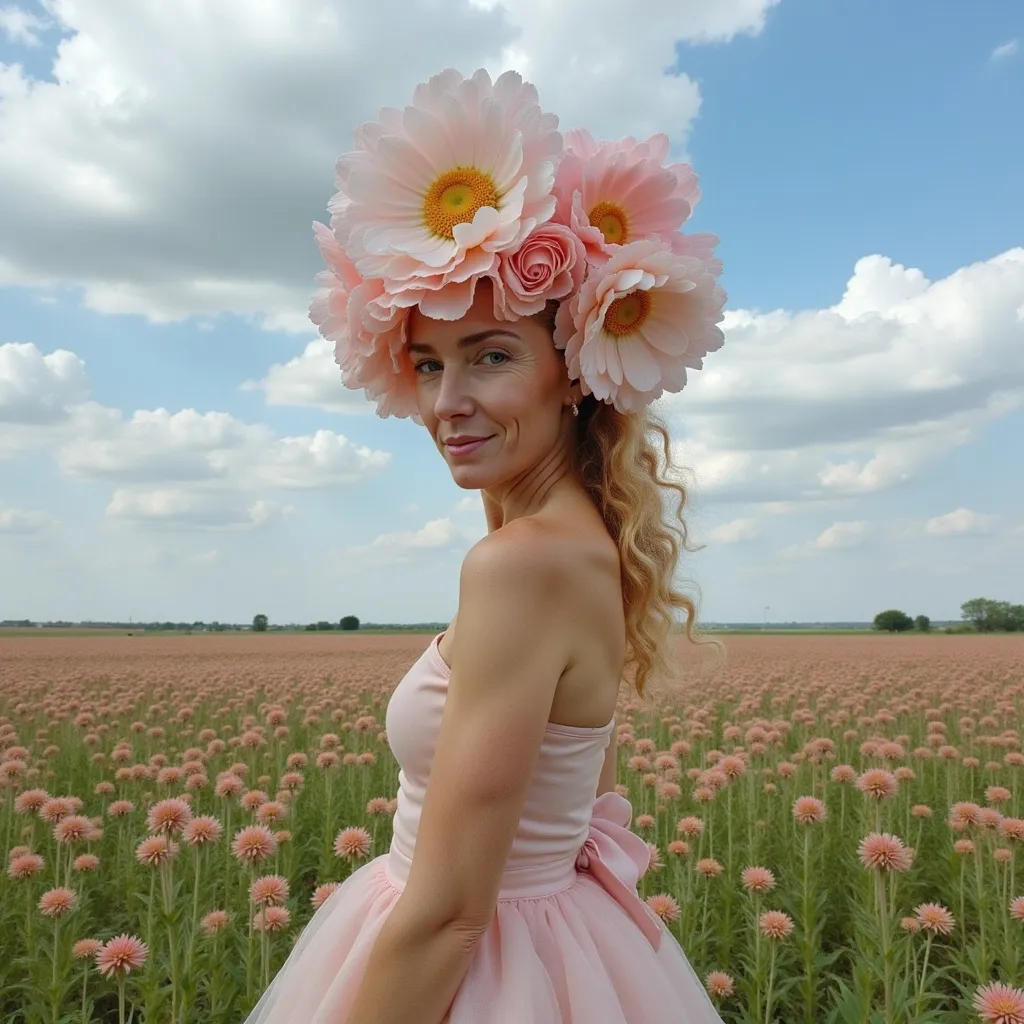 Prompt: a woman with a large flower on her head in a field of flowers with a sky background and clouds, Anka Zhuravleva, art photography, surreal photography, a surrealist sculpture