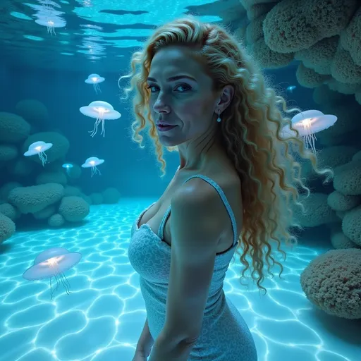 Prompt: Here’s a fresh and unique prompt for you:

"Create a mesmerizing, full-body portrait of a confident woman in a futuristic, *ocean-inspired* setting. The environment is a dreamy underwater world with floating bioluminescent jellyfish, coral structures that emit soft light, and rippling reflections from an unseen water surface above. Her outfit blends flowing translucent fabrics with sculptural, iridescent armor that resembles seashells and aquatic scales. The ground beneath her feet glows softly, resembling a liquid surface or bioluminescent sand. Her expression is calm and powerful, her hair floating gently as if underwater, adding to the serene, surreal atmosphere." 

Let me know how this works for you, or if you'd like more variations!