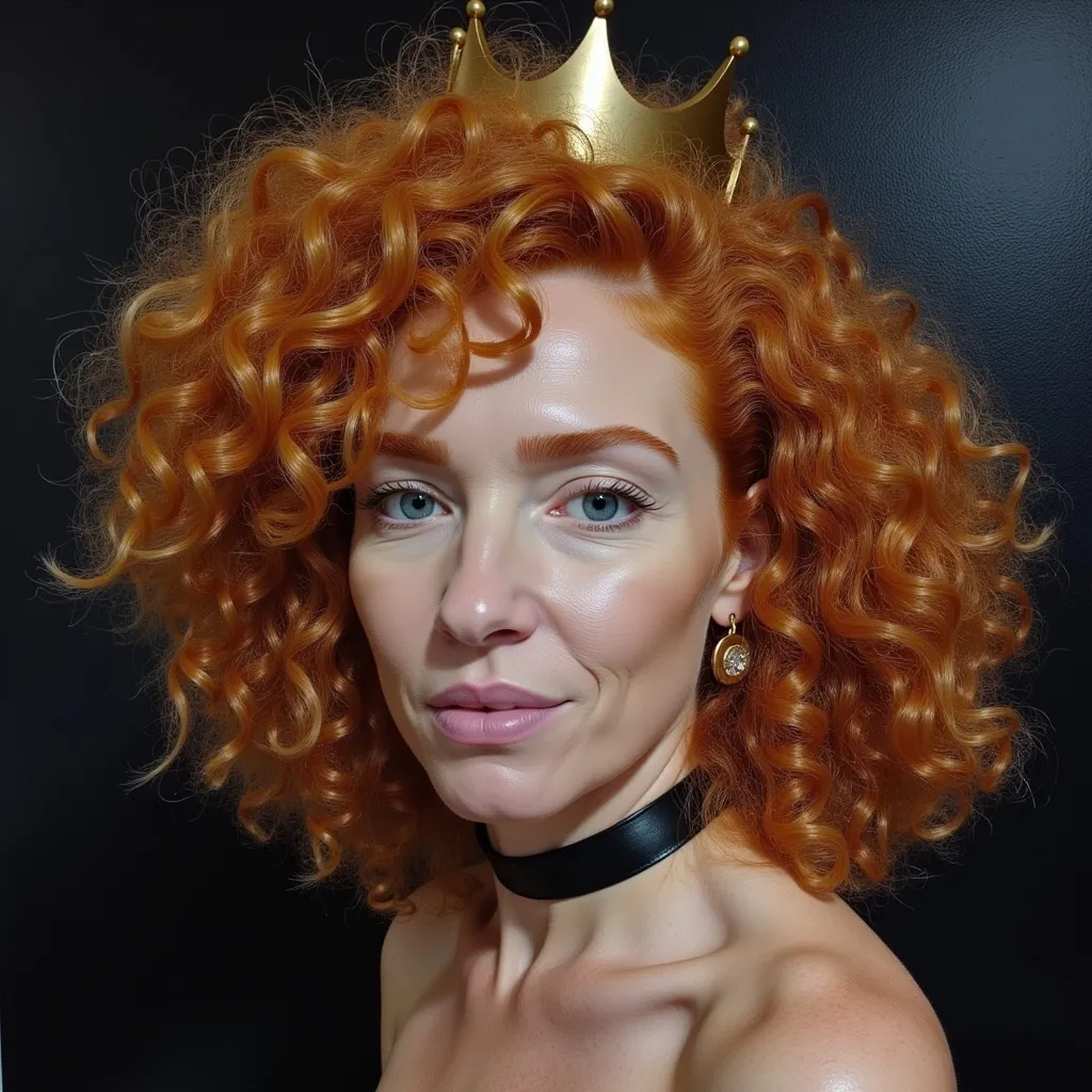 Prompt: a painting of a young woman with red hair wearing a crown and stars on her head, with a black background, choker, detailed oil painting, a hyperrealistic painting